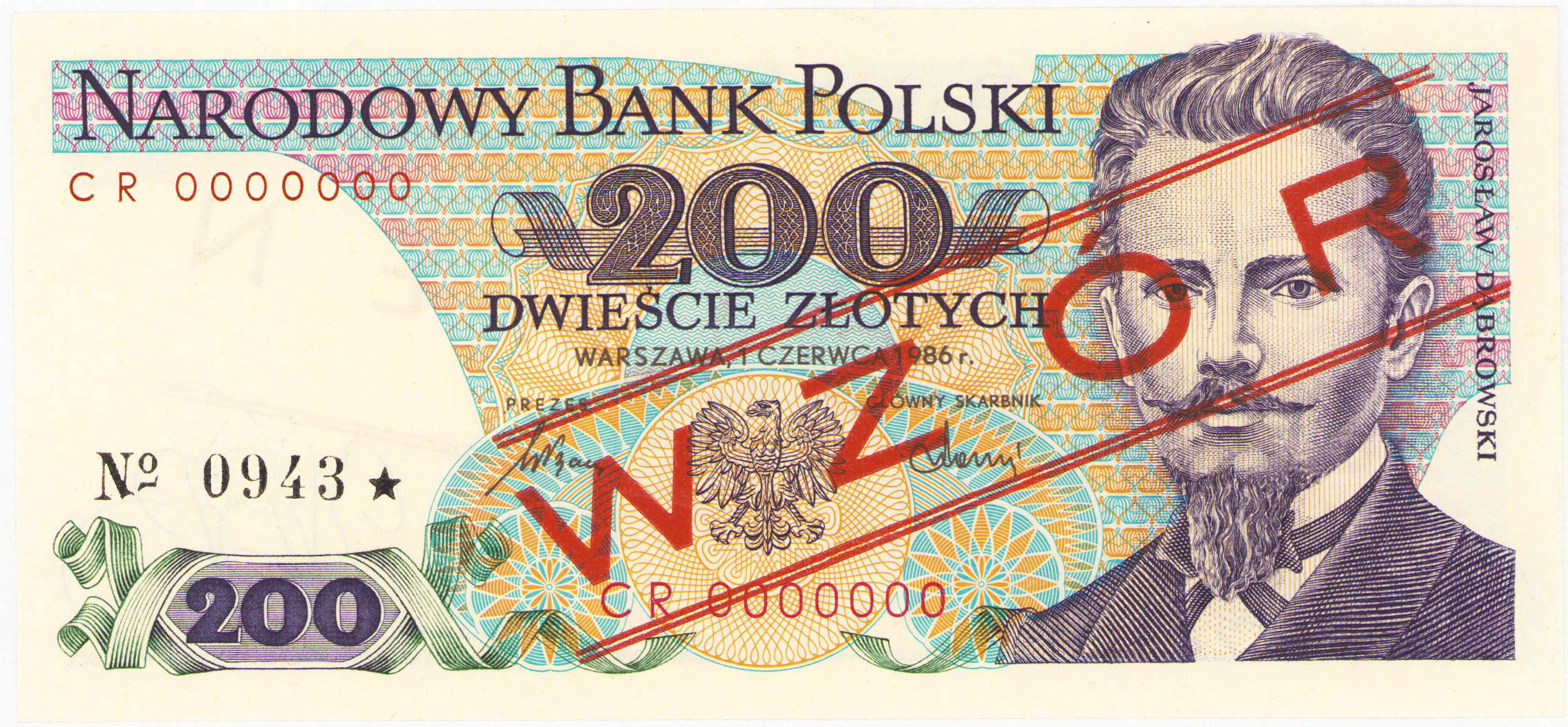 WZÓR / SPECIMEN. 200 złotych 1986 seria CR